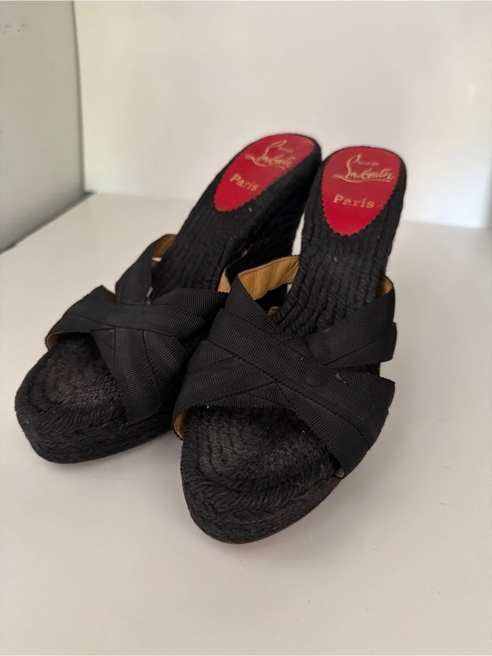 Christian Louboutin Black Woven Espadrille Wedge Sandals Fair condition